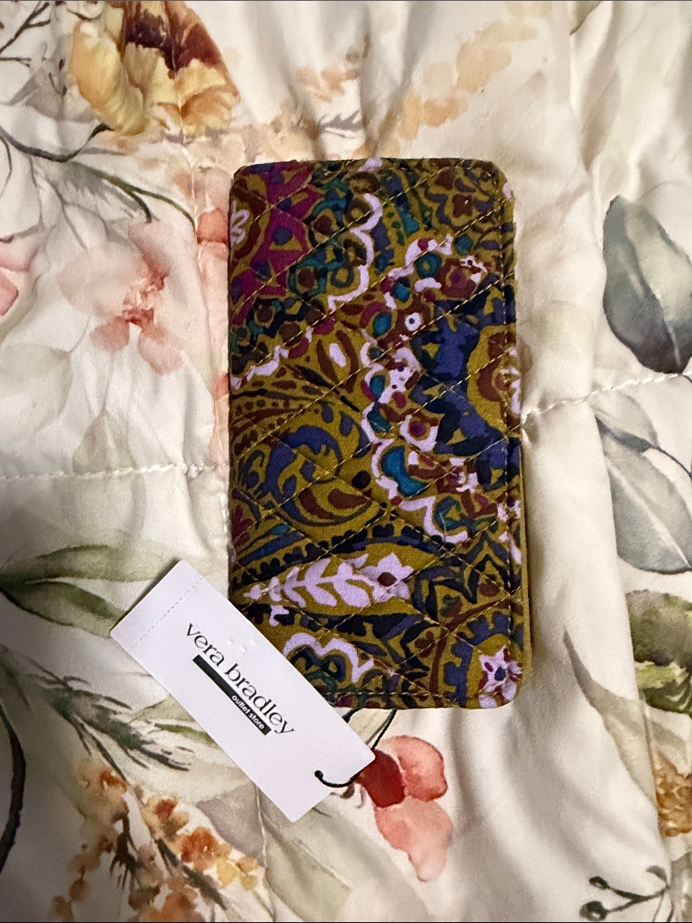 Vera Bradley Olive Green Quilted Phone Wallet with Floral Trim